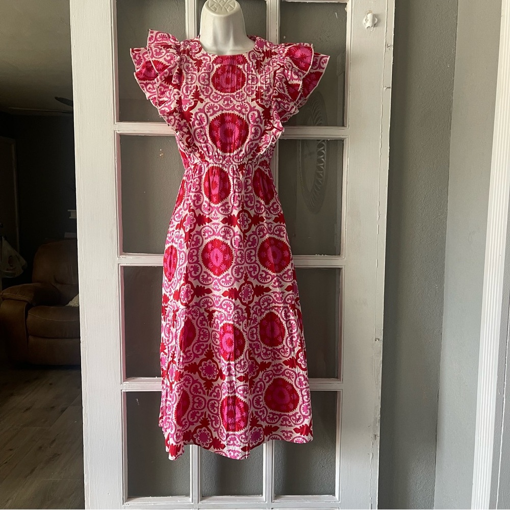 Sal Rosa Pink Patterned Ruffle Sleeve Dress‎